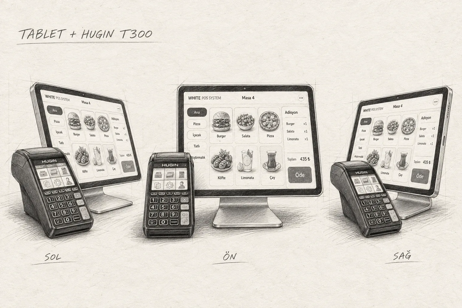 Tablet ve tuşlu Hugin yazar kasa POS tasarım çizimi: sol, ön ve sağ görünüş